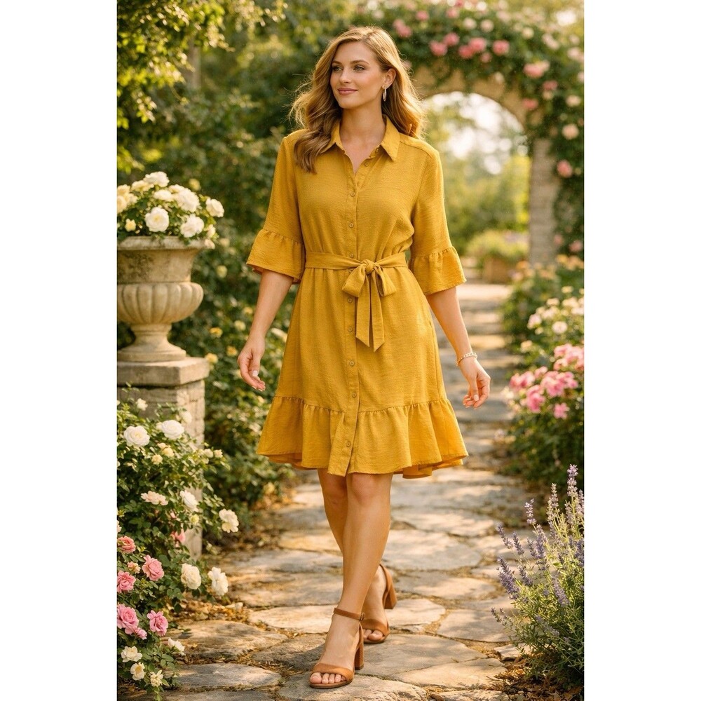 Cato Women’s Boho Textured Gold Tiered Dress W/ Belt Career Casual Sz 18/20W